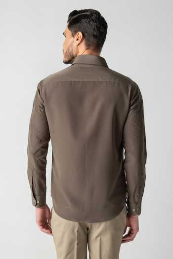 Shop Amit Arora Olive Green Polyester Abstract Hand Embroidered Shirt at Aza Fashions Shop_Amit Arora_Olive Green Polyester Abstract Hand Embroidered Shirt _at_Aza_Fashions
