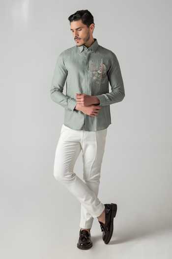 Amit Arora Green Linen Embroidered Shirt Online at Aza Fashions Amit Arora_Green Linen Embroidered Shirt _Online_at_Aza_Fashions