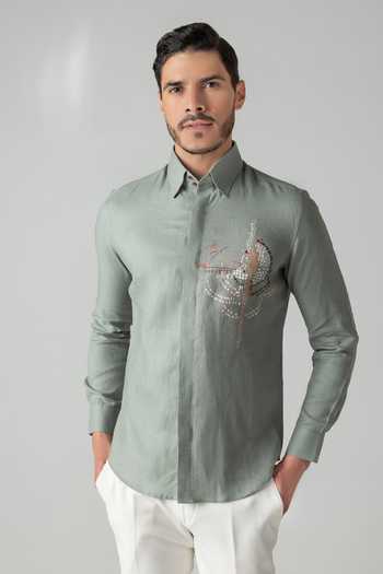 Buy Amit Arora Green Linen Embroidered Shirt Online at Aza Fashions Buy_Amit Arora_Green Linen Embroidered Shirt _Online_at_Aza_Fashions
