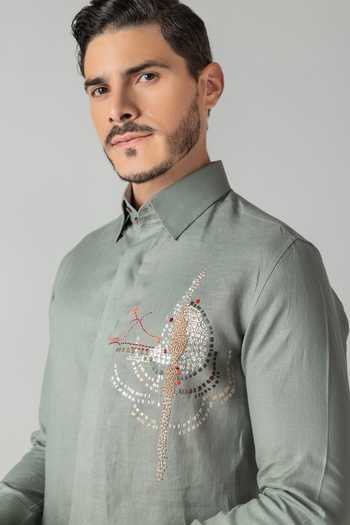 Shop Amit Arora Green Linen Embroidered Shirt Online at Aza Fashions Shop_Amit Arora_Green Linen Embroidered Shirt _Online_at_Aza_Fashions