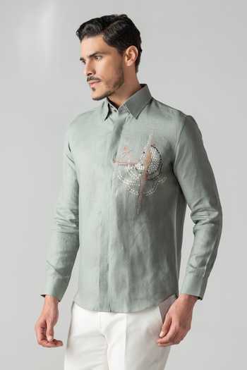 Amit Arora Green Linen Embroidered Shirt at Aza Fashions Amit Arora_Green Linen Embroidered Shirt _at_Aza_Fashions