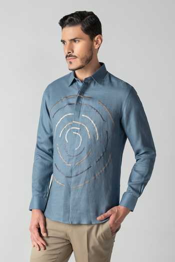 Buy_Amit Arora_Blue Linen Embroidered Shirt _Online_at_Aza_Fashions