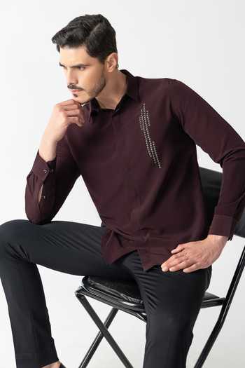 Amit Arora Wine Polyester Placed Hand Embroidered Shirt Online at Aza Fashions Amit Arora_Wine Polyester Placed Hand Embroidered Shirt _Online_at_Aza_Fashions