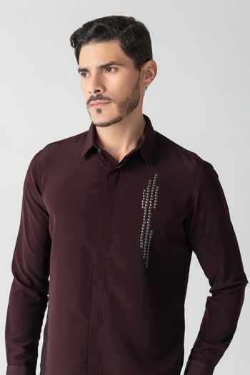 Shop Amit Arora Wine Polyester Placed Hand Embroidered Shirt Online at Aza Fashions Shop_Amit Arora_Wine Polyester Placed Hand Embroidered Shirt _Online_at_Aza_Fashions