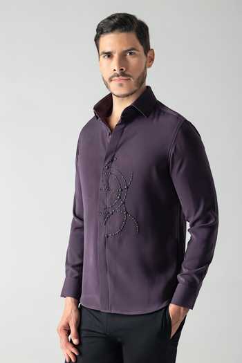 Amit Arora Purple Polyester Abstract Beaded Shirt Online at Aza Fashions Amit Arora_Purple Polyester Abstract Beaded Shirt _Online_at_Aza_Fashions