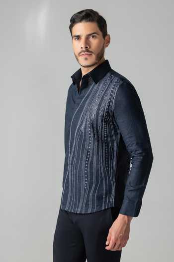 Amit Arora Navy Linen Wave Inspired Shirt Online at Aza Fashions Amit Arora_Navy Linen Wave Inspired Shirt _Online_at_Aza_Fashions