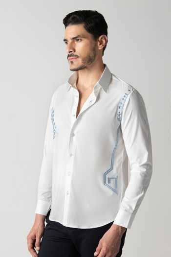 Amit Arora White Cotton, Acetate Placed Geometric Embroidered Shirt Online at Aza Fashions Amit Arora_White Cotton, Acetate Placed Geometric Embroidered Shirt _Online_at_Aza_Fashions