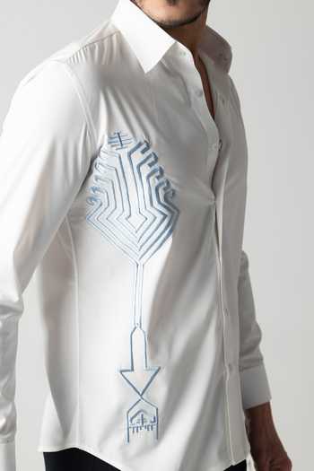 Shop Amit Arora White Cotton, Acetate Placed Geometric Embroidered Shirt Online at Aza Fashions Shop_Amit Arora_White Cotton, Acetate Placed Geometric Embroidered Shirt _Online_at_Aza_Fashions