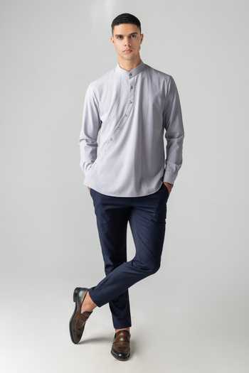Amit Arora_Grey Tencel Asymmetrical Button Yoke Shirt _Online_at_Aza_Fashions