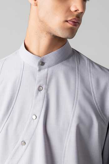 Buy_Amit Arora_Grey Tencel Asymmetrical Button Yoke Shirt _Online_at_Aza_Fashions