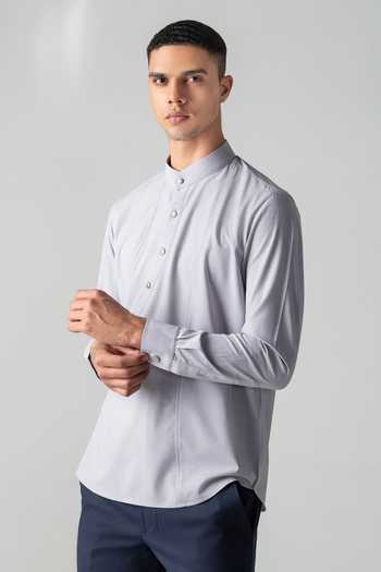 Shop_Amit Arora_Grey Tencel Asymmetrical Button Yoke Shirt _Online_at_Aza_Fashions