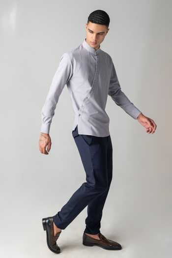 Amit Arora_Grey Tencel Asymmetrical Button Yoke Shirt _at_Aza_Fashions