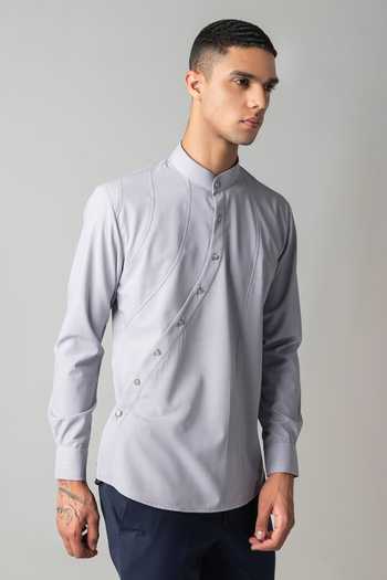 Buy_Amit Arora_Grey Tencel Asymmetrical Button Yoke Shirt 