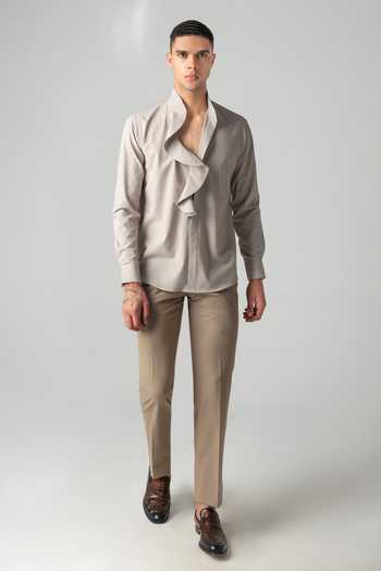 Amit Arora_Beige Tencel Front Frill Pattern Shirt _Online_at_Aza_Fashions