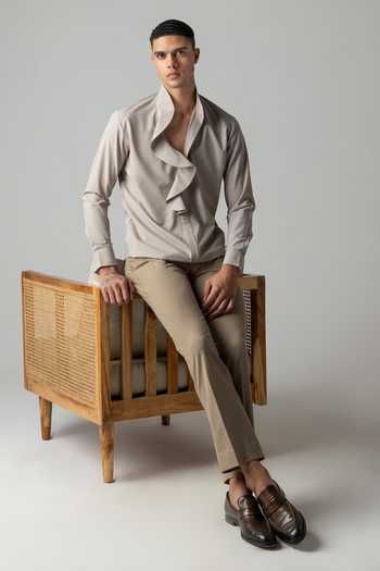 Buy_Amit Arora_Beige Tencel Front Frill Pattern Shirt _Online_at_Aza_Fashions