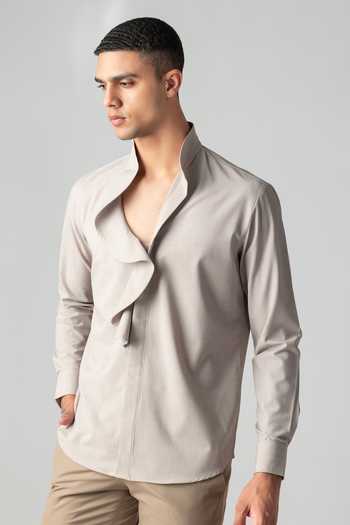 Shop_Amit Arora_Beige Tencel Front Frill Pattern Shirt _Online_at_Aza_Fashions