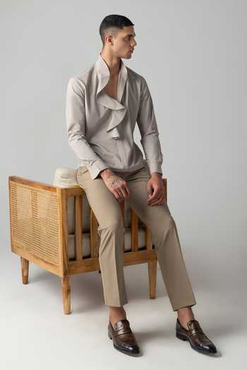 Amit Arora_Beige Tencel Front Frill Pattern Shirt _at_Aza_Fashions