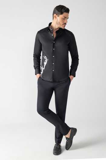 Amit Arora Black Cotton, Lycra Horse Embroidered Shirt Online at Aza Fashions Amit Arora_Black Cotton, Lycra Horse Embroidered Shirt _Online_at_Aza_Fashions