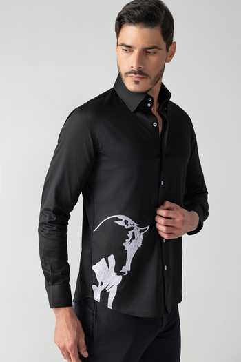 Shop Amit Arora Black Cotton, Lycra Horse Embroidered Shirt Online at Aza Fashions Shop_Amit Arora_Black Cotton, Lycra Horse Embroidered Shirt _Online_at_Aza_Fashions