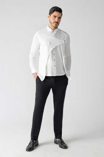 Amit Arora_Ivory Tencel Asymmetrical Overlay Shirt  _Online_at_Aza_Fashions