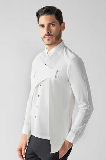 Shop_Amit Arora_Ivory Tencel Asymmetrical Overlay Shirt  _Online_at_Aza_Fashions