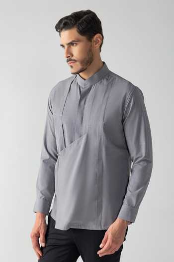 Amit Arora_Grey Tencel Asymmetrical Pleated Shirt _Online_at_Aza_Fashions