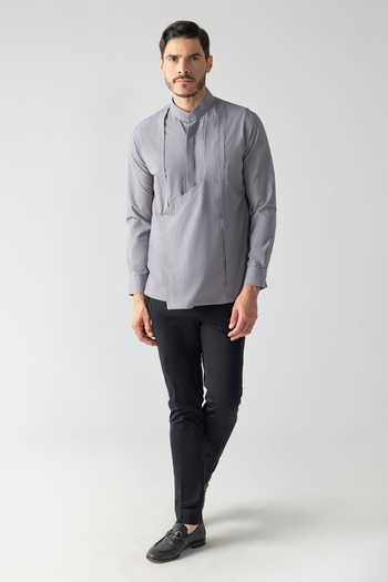 Buy_Amit Arora_Grey Tencel Asymmetrical Pleated Shirt _Online_at_Aza_Fashions