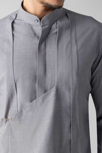 Shop_Amit Arora_Grey Tencel Asymmetrical Pleated Shirt _Online_at_Aza_Fashions