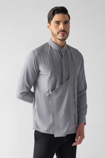 Amit Arora_Grey Tencel Asymmetrical Pleated Shirt _at_Aza_Fashions