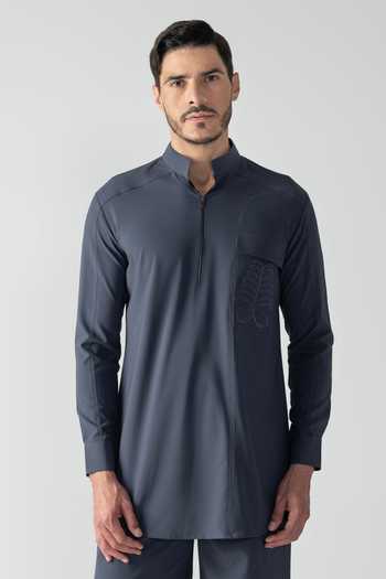 Shop_Amit Arora_Grey Crepe Plain Kurta And Palazzo Set _Online_at_Aza_Fashions