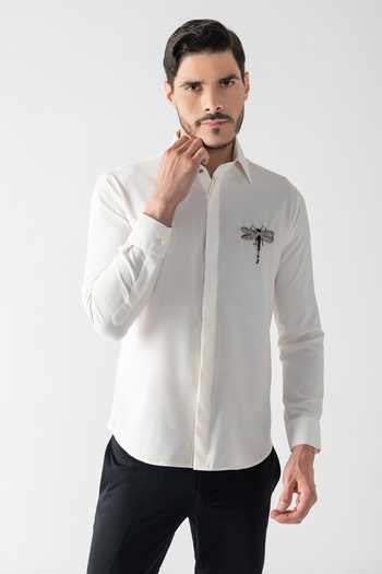 Shop Amit Arora Ivory Crepe Hand Embroidered Dragonfly Motif Shirt Online at Aza Fashions Shop_Amit Arora_Ivory Crepe Hand Embroidered Dragonfly Motif Shirt _Online_at_Aza_Fashions