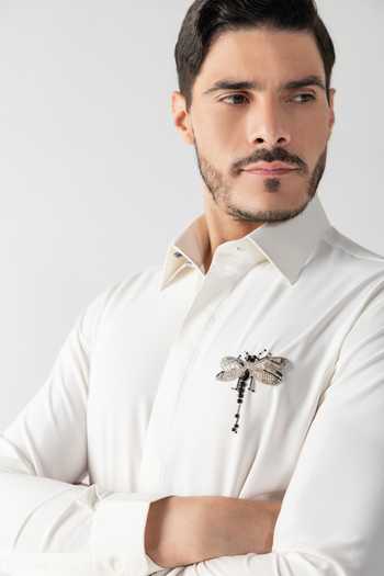 Amit Arora Ivory Crepe Hand Embroidered Dragonfly Motif Shirt at Aza Fashions Amit Arora_Ivory Crepe Hand Embroidered Dragonfly Motif Shirt _at_Aza_Fashions