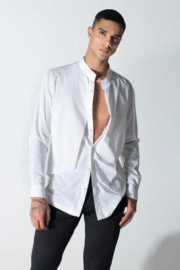 Buy_Amit Arora_White Cotton, Acetate Asymmetrical Draped Shirt _Online_at_Aza_Fashions