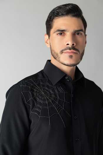 Amit Arora_Black Polyester Hand Embroidered Spider Web Motif Shirt _Online_at_Aza_Fashions
