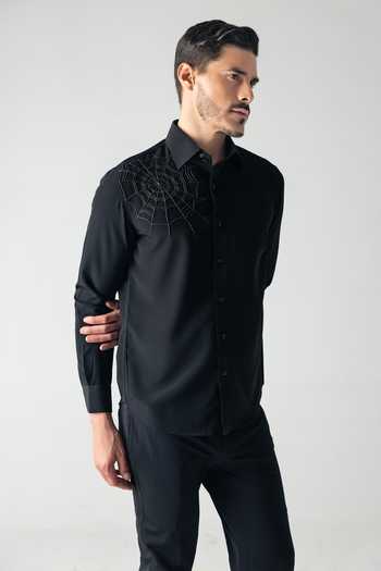 Buy_Amit Arora_Black Polyester Hand Embroidered Spider Web Motif Shirt _Online_at_Aza_Fashions