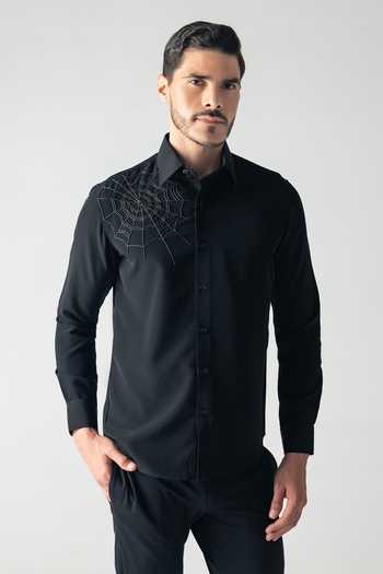 Shop_Amit Arora_Black Polyester Hand Embroidered Spider Web Motif Shirt _Online_at_Aza_Fashions