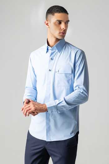 Amit Arora_Sky Blue Cotton, Acetate Metallic Button Shirt _Online_at_Aza_Fashions