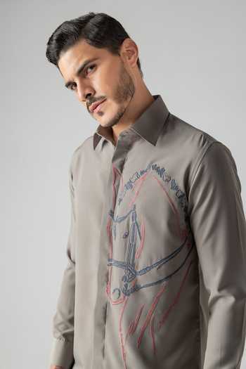 Amit Arora_Grey Polyester Horse Embroidered Shirt _Online_at_Aza_Fashions