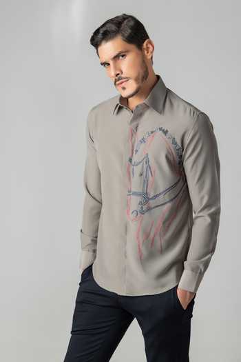 Shop_Amit Arora_Grey Polyester Horse Embroidered Shirt _Online_at_Aza_Fashions