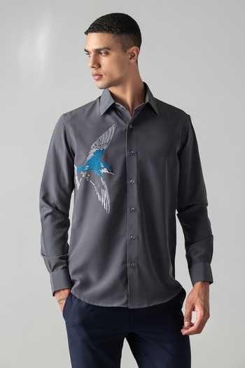Buy Amit Arora Grey Polyester Embroidered Bird Motif Shirt Online at Aza Fashions Buy_Amit Arora_Grey Polyester Embroidered Bird Motif Shirt _Online_at_Aza_Fashions
