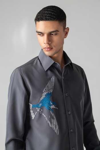Shop Amit Arora Grey Polyester Embroidered Bird Motif Shirt Online at Aza Fashions Shop_Amit Arora_Grey Polyester Embroidered Bird Motif Shirt _Online_at_Aza_Fashions