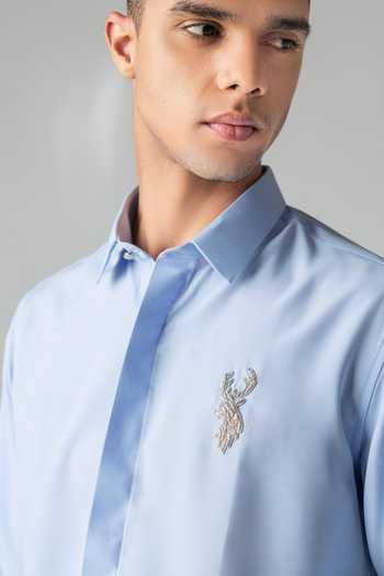 Amit Arora_Sky Blue Polyester Hand Embroidered Reindeer Motif Shirt _Online_at_Aza_Fashions
