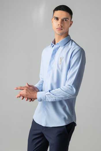 Buy_Amit Arora_Sky Blue Polyester Hand Embroidered Reindeer Motif Shirt _Online_at_Aza_Fashions