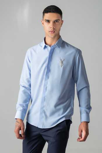 Amit Arora_Sky Blue Polyester Hand Embroidered Reindeer Motif Shirt _at_Aza_Fashions