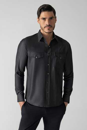 Amit Arora_Black Denim, Rayon Shirt _Online_at_Aza_Fashions