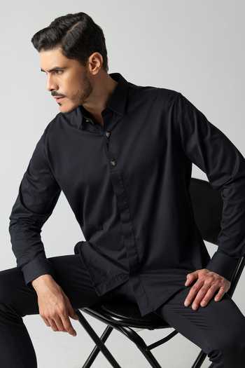 Shop Amit Arora Black Knit Hidden Placket Shirt Online at Aza Fashions Shop_Amit Arora_Black Knit Hidden Placket Shirt _Online_at_Aza_Fashions