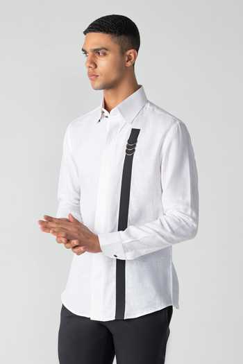 Amit Arora_White Linen Contrast Strap Shirt _Online_at_Aza_Fashions