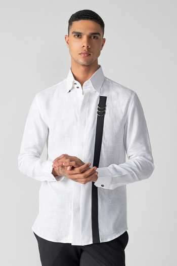 Buy_Amit Arora_White Linen Contrast Strap Shirt _Online_at_Aza_Fashions