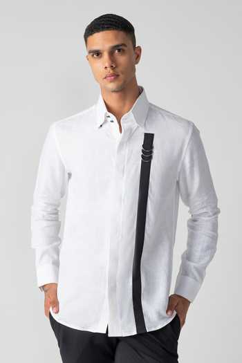 Amit Arora_White Linen Contrast Strap Shirt _at_Aza_Fashions