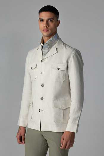 Amit Arora_Beige Linen Four Patch Pocket Shacket _Online_at_Aza_Fashions